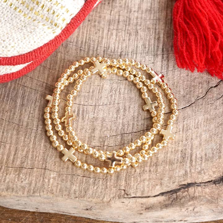 PennyLine inc - Wholesale Beaded Bracelet - Mini Sideways Cross Bracelet Set Ball Beads Gold Tone