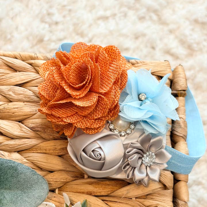 Baby-Orange-Jute-Stirnband, graue Vintage-Schleifen für Mädchen für den Großhandel von Jazy and Eve