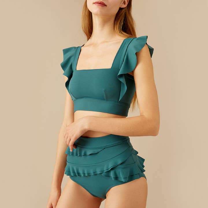 Visual Mood - Wholesale Two Piece Swimsuit - Women's - SERENA Ruffled Bikini Set - Hunter Green3