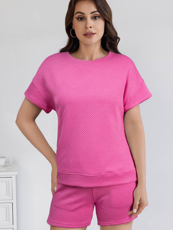 Women 2pcs Solid Textured Drawstring Shorts Set for wholesale by LA Society