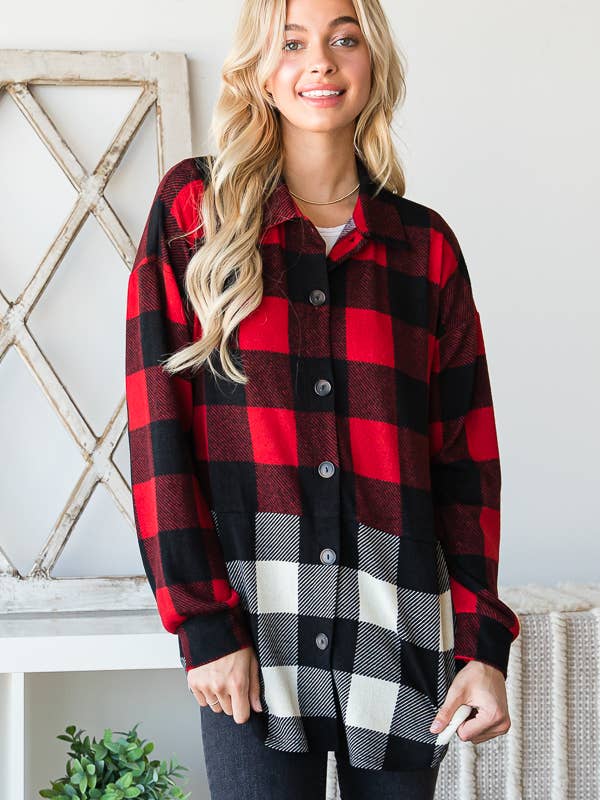 BASIC COLLAR PLAID COLOR BLOCK BOTTON DOWN SHACKET for wholesale by Pink Irene Wholesale