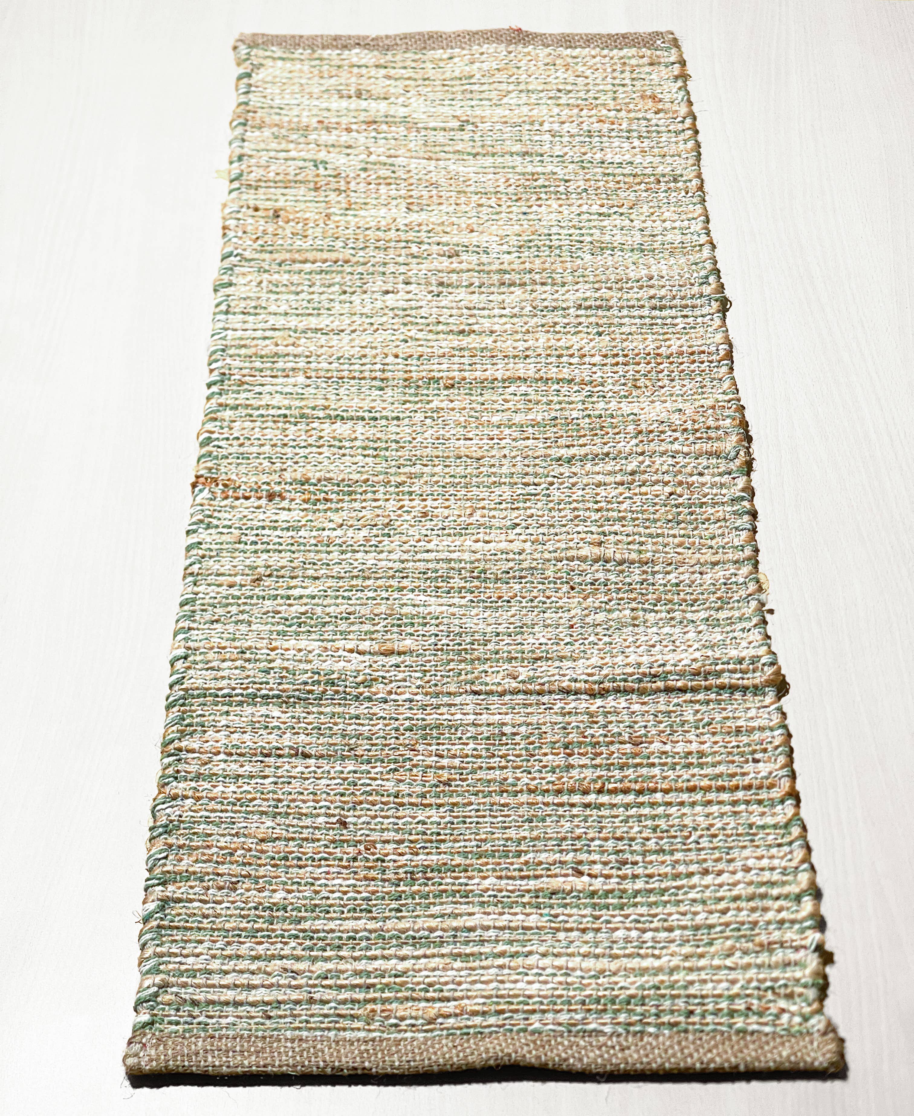 Green OMBRE TABLE RUNNER, NATURAL JUTE-SAGE GREEN-WHITE,13''x36''. for wholesale on Faire3