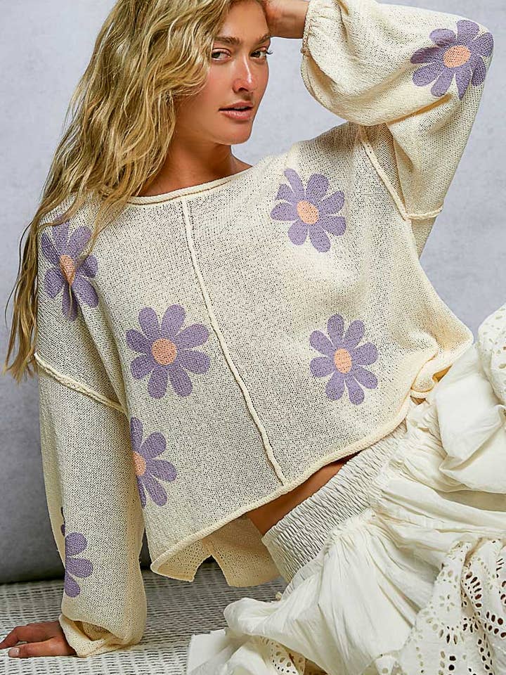 Round Neck Balloon Sleeve Floral Print Thin Sweater SALE for wholesale by Pol Clothing