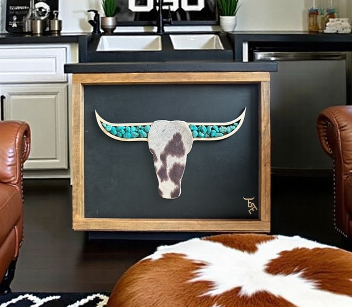 Ember & Elm Home Decor & More - Wholesale Art Print - Turquoise Longhorn Wall Art | Cowhide Face & Rustic Frame6