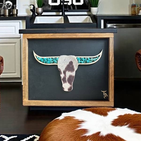 Ember & Elm Home Decor & More - Wholesale Art Print - Turquoise Longhorn Wall Art | Cowhide Face & Rustic Frame6