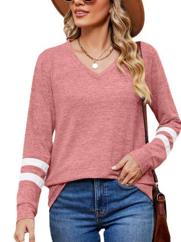 NINEXIS - Wholesale Blouse - Women's - CWTBLL2392_V-NECK LONG-SLEEVED CONTRAST COLOR LOOSE TOP12