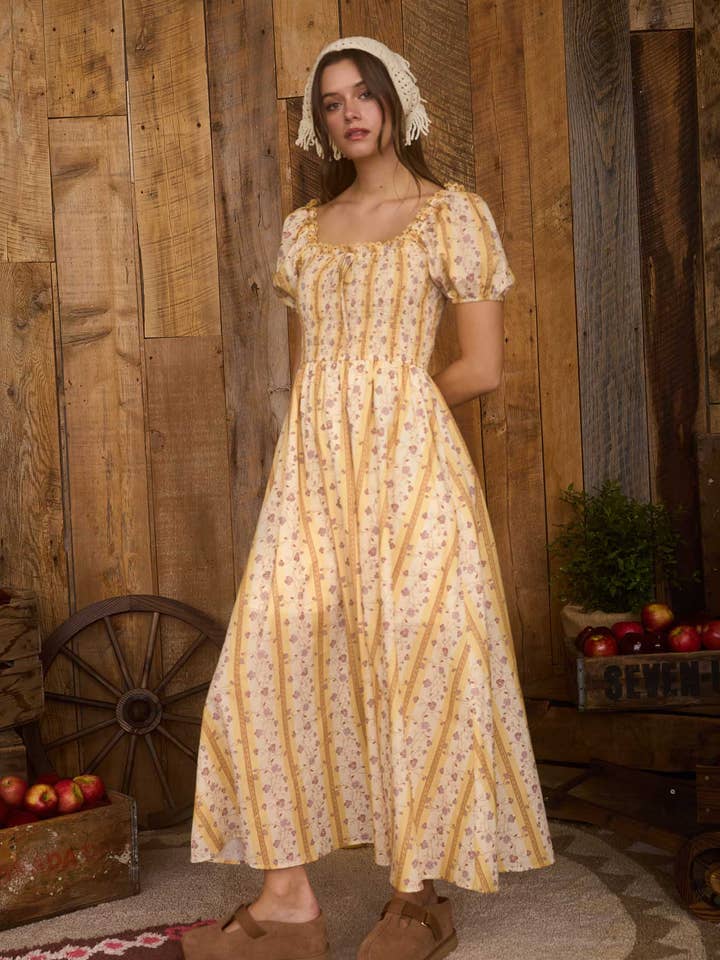 YELLOW MULTI FLORAL STRIPE PATTERN SMOCKED MIDI DRESS for wholesale on Faire