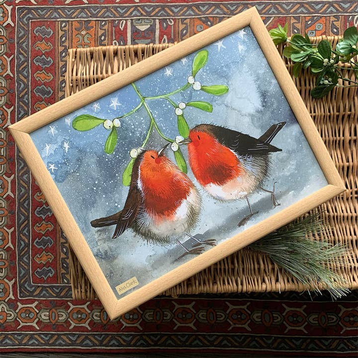 Robin og Mistelten Jul Laptrays for engroshandel hos Alex Clark Art