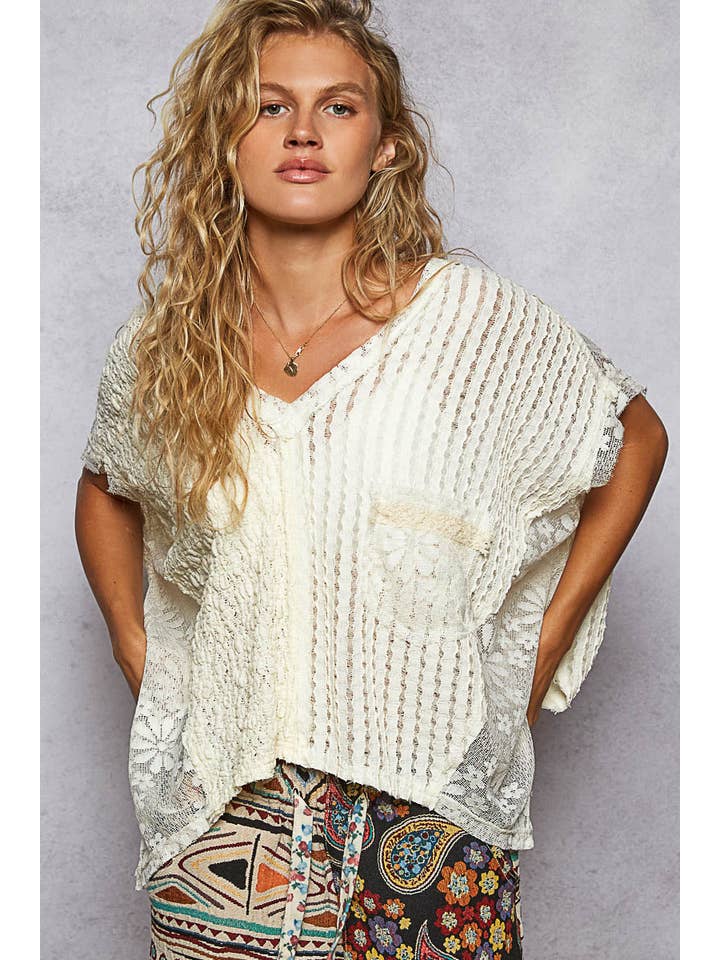 Pol Clothing - Wholesale Knit Top - Women's - Oversize v-neck short sleeve lace front pocket woven top