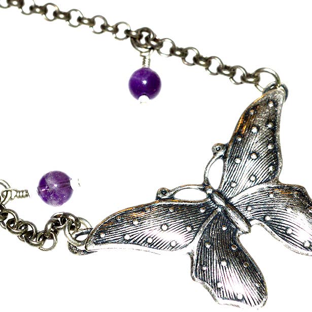 Antique Silver Butterfly Pendant with Amethyst Charms for wholesale by Elaine Coyne Galleries