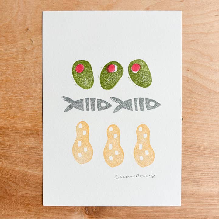 "Bar Snacks" Handmade Linocut Print for wholesale by Andrea Morris Photography