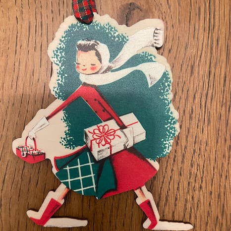 Barrel Down South - Wholesale Ornament - Vintage Woman Walking With Gifts Wooden Christmas Ornament