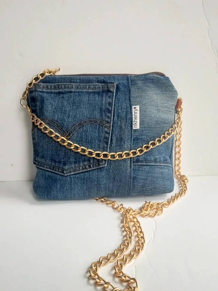 Upcycled Blue Denim Chain Strap Bag for wholesale by NKHenry