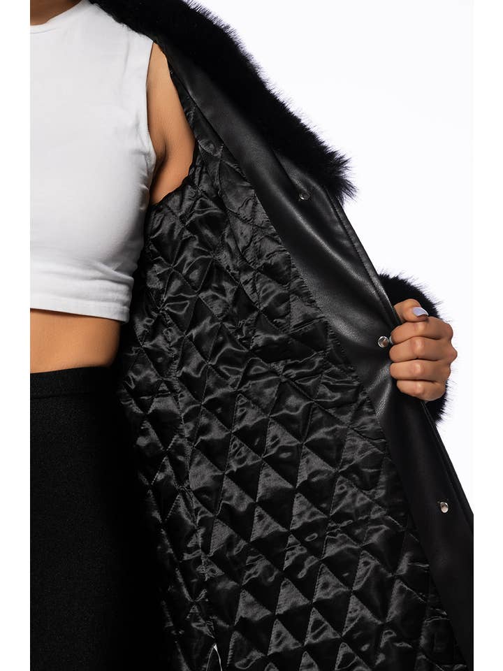 Azalea Wang - Wholesale Trench Coat - Women's - KAYA-BLACK FAUX LEATHER & FAUX FUR TRENCH COAT WITH BELT