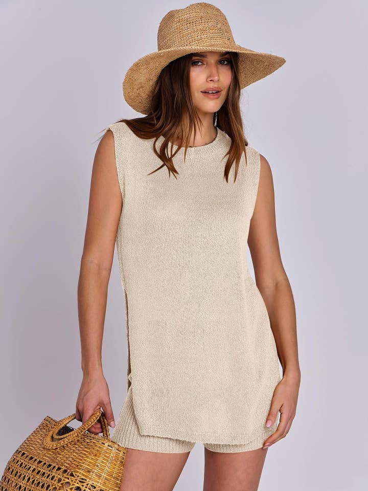 Suhkasana - Wholesale Lounge Set - Women's - Casual Knit Sleeveless Sweater & Shorts Set
