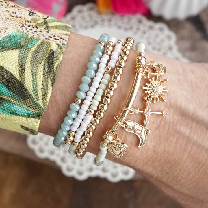 PennyLine inc - Wholesale Beaded Bracelet - Charmed Whimsy – Set of 5 Mint & White Beaded Bracelets with Golden Charm Bar7