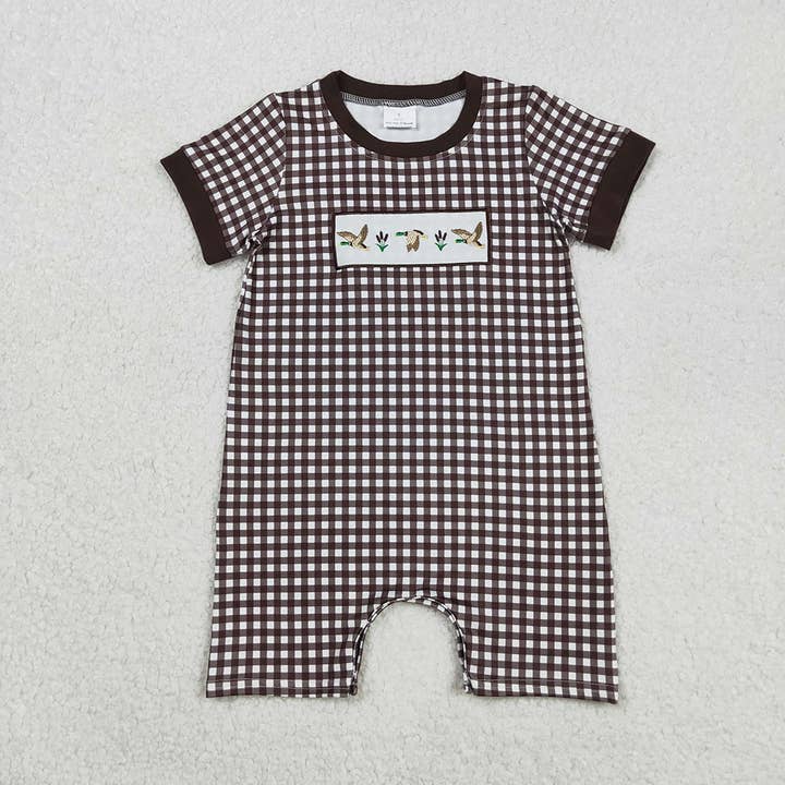 Embroidery Baby Boys Brown Plaid Short Sleeves Ducks Short Rompers for wholesale by Aier Wholesale