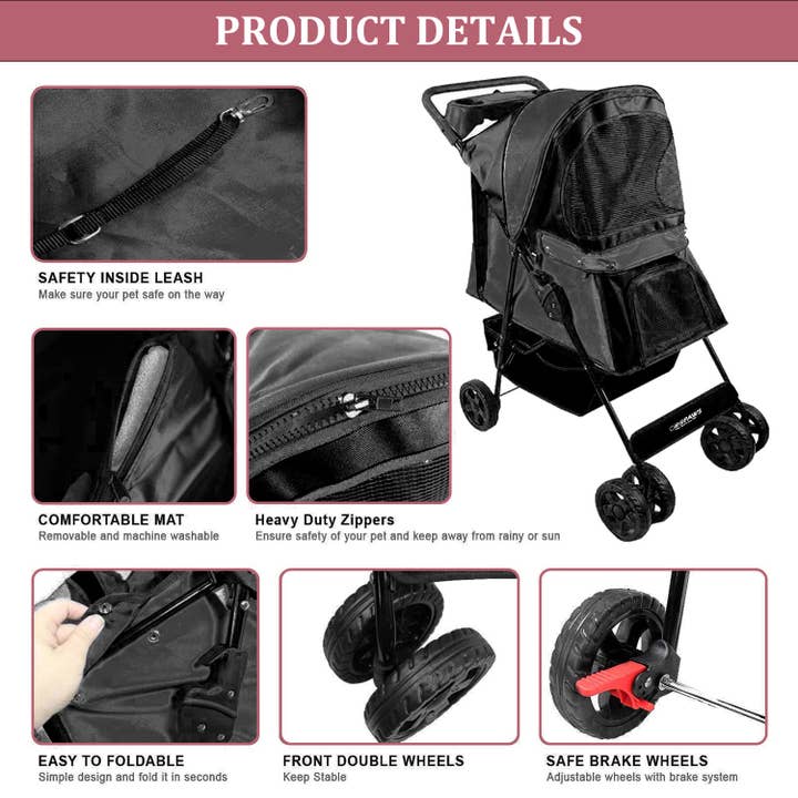 Jespet - Wholesale Pet Carrier - Cat/Dog - GOOPAWS 4-Wheel Promenade Pet Stroller for Small Dogs Cats, Black, 36''1