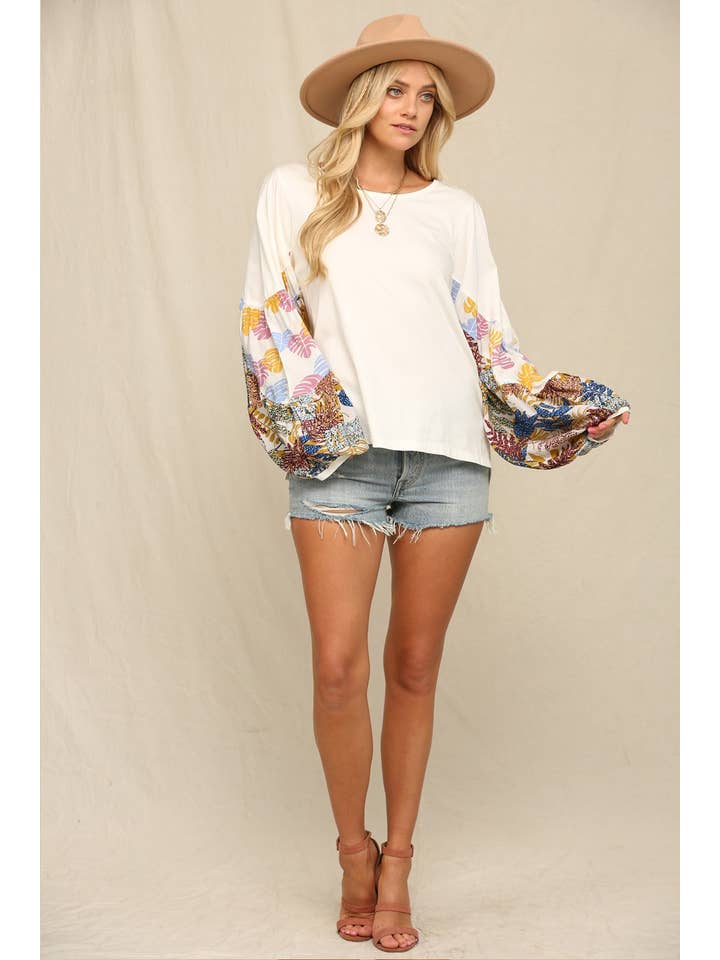 Off White Botanic Color Printed Bishop Sleeves Top for wholesale on Faire3
