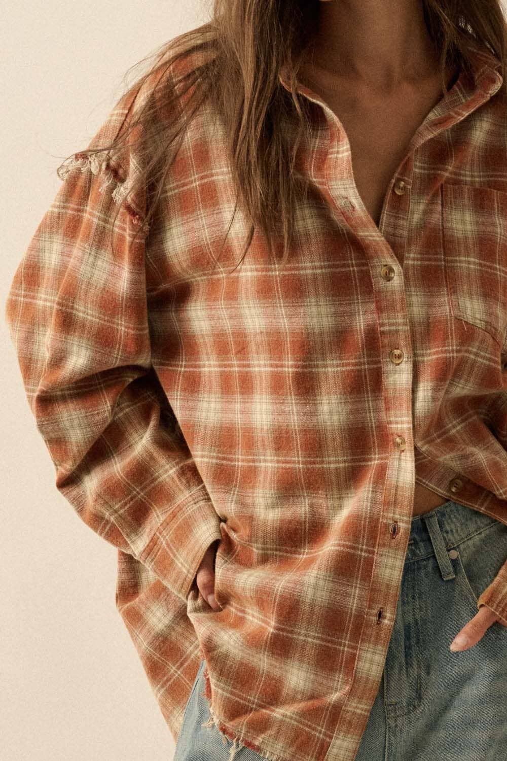Promesa USA - Wholesale Button Down Shirt - Women's - Plaid Flannel Oversized Raw-Edge Pocket Shirt19