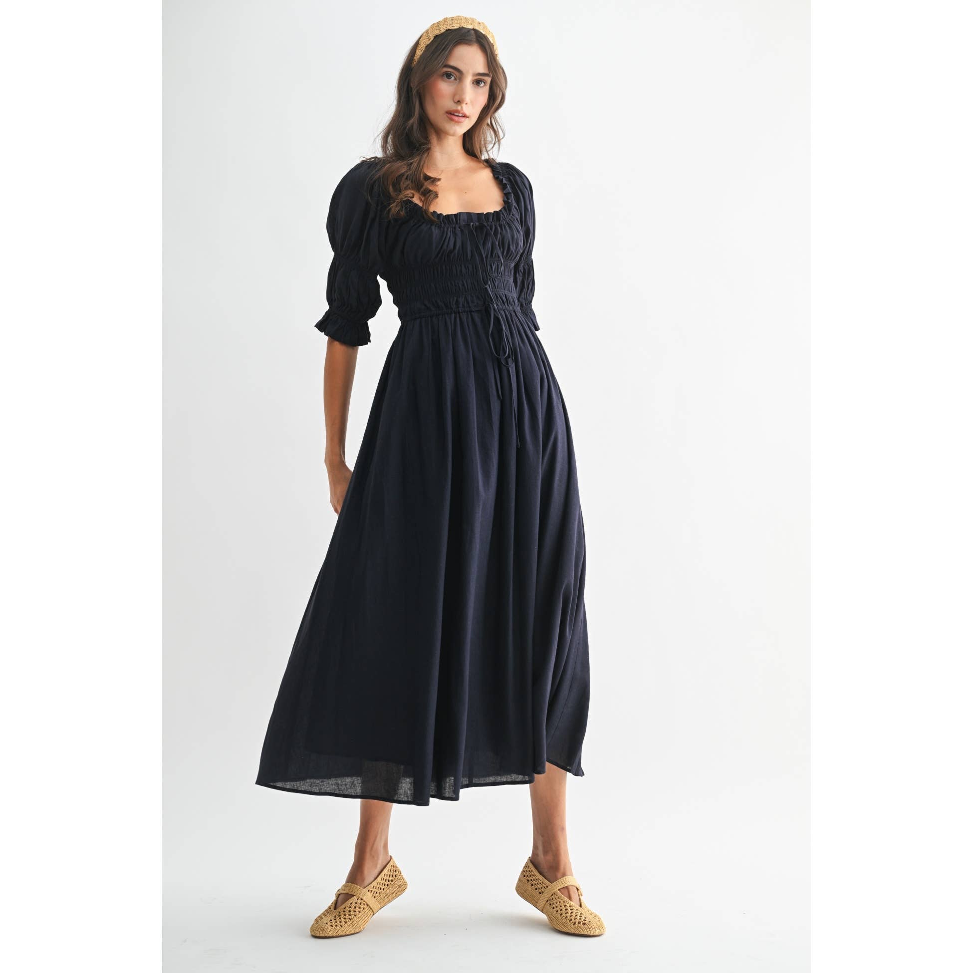 Camellia - Vente Robe – femme - ROBE MIDI ÉPAULES DÉNUDÉES SMOCKÉE AVEC JUPE PLISSÉE0
