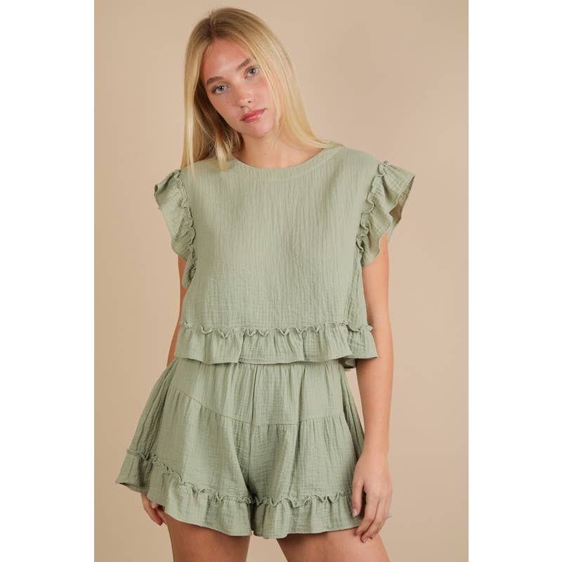 IVE - Vente Ensemble haut et short (PAS d'intérieur) - Femme - Ensemble haut tissé uni à volants ET short13