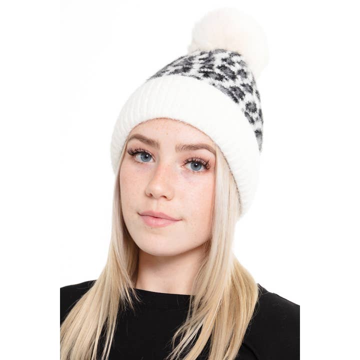 Hana – wholesale Mössa - Dam – Leopard Pom Fuzzy Fleece Mössa