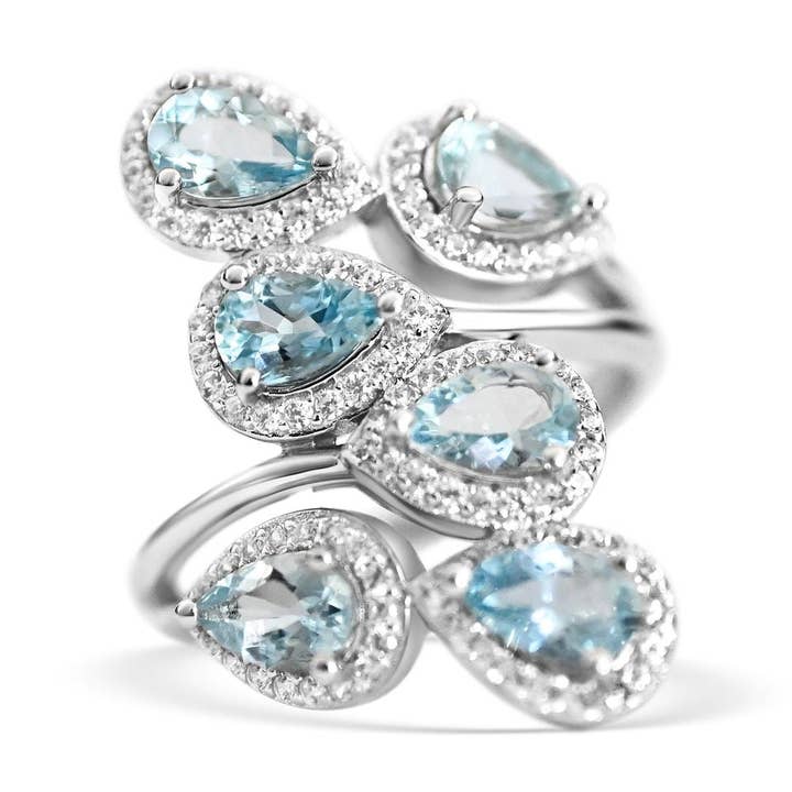 Anillo solitario de pera de aguamarina azul claro Art Decó en plata de ley para venta al por mayor de Blue Star Gems NY