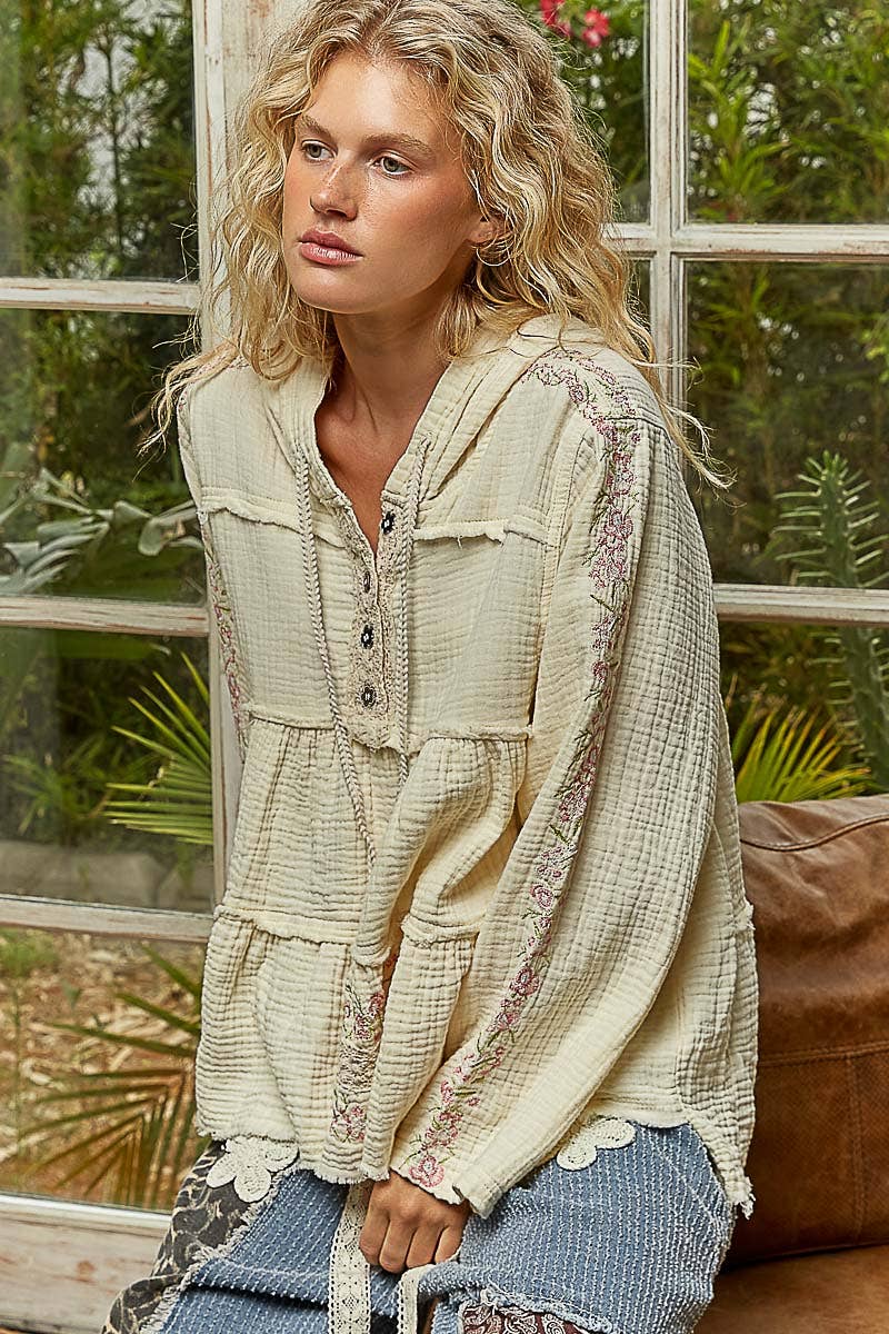 Pol Clothing - Wholesale Hoodie - Women's - Long Sleeve Double Gauze Embroidery Shirring Woven Top16