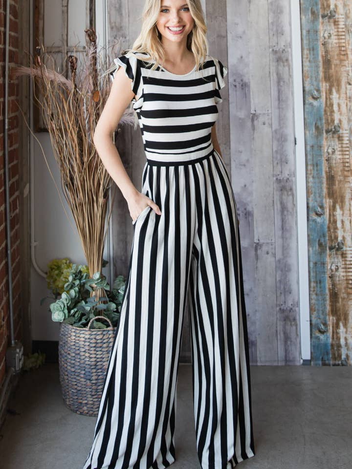 RUFFLE SLEEVE SIDE POCKETS WIDE LEG JUMPSUIT for wholesale by Pink Irene Wholesale