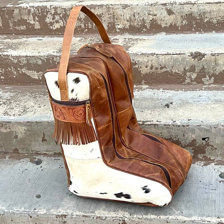 Western Linens - Wholesale Shoe Bag - Women's - Tooled Rustic leather & Cowhide Boot Bag