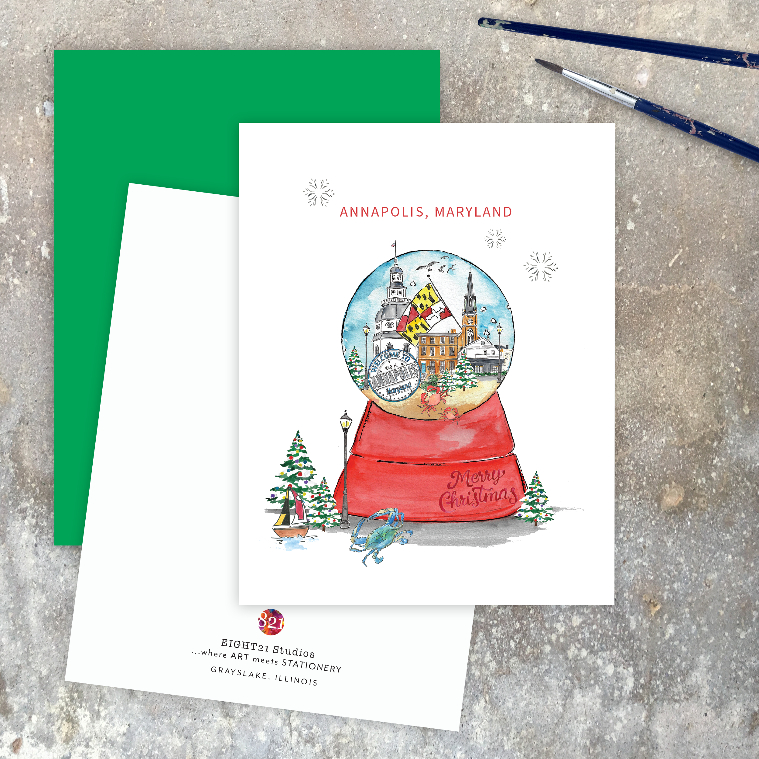 Eight21 Studios + Unique Greeting Cards, Art and Stationery - Wholesale Christmas Card - Annapolis Maryland Skyline Snowglobe Christmas Greeting Card4