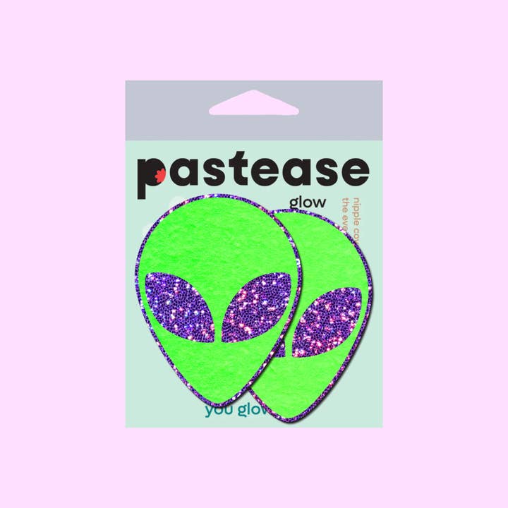 Pastease UK - Wholesale Nipple Pasties - Women's - Alien: Glow-In-The-Dark with Glittering Purple Eyes Nipple Pasties by Pastease®