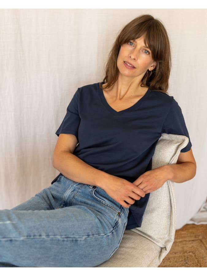 Ivy - Wholesale T-Shirt - Women's - Dotty V Organic Cotton Navy T-Shirt