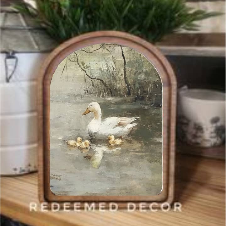 Redeemed Decor - Wholesale Wood Wall Art - Arch Top Vintage Pond Ducks Framed Art