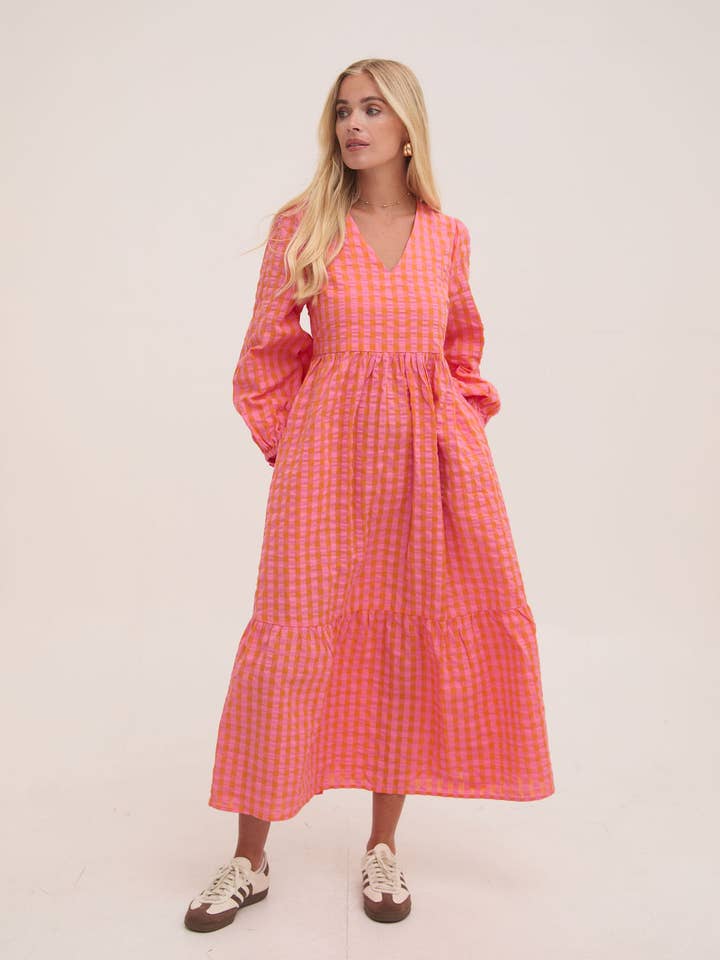 Lina Orange & Pink Gingham Dress for wholesale on Faire4