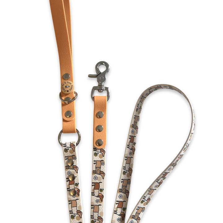 Handmade Vegan Leather Dog Leash - Bee Happy Dachshunds - Beige for wholesale by Puppies & Pom Poms