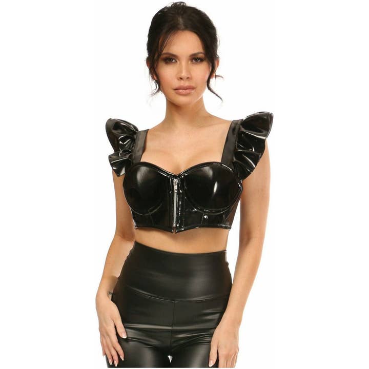 Lavish Black Patent Underwire Bustier Top w/Removable Ruffle Sleeves for wholesale by Daisy Corsets