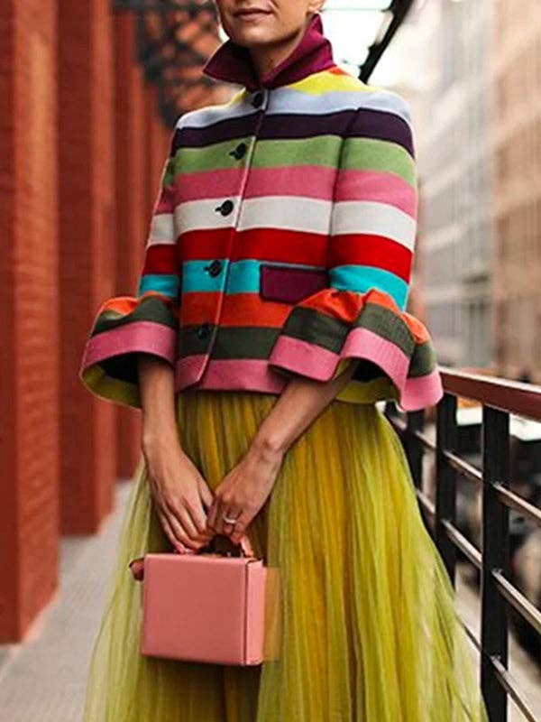 COLORFUL Puff Sleeve Striped Lapel Blouse – Multi-Colored for wholesale on Faire