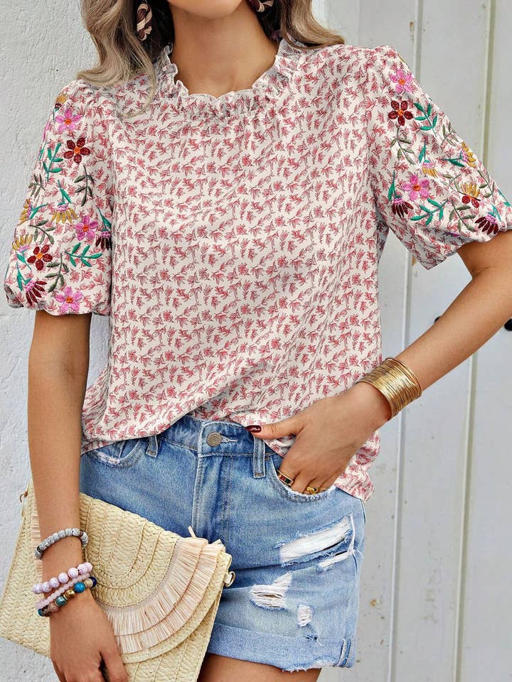 Lily Clothing - Wholesale Blouse - Women's - EMBROIDERED PRINTED TURTLENECK BLOUSE