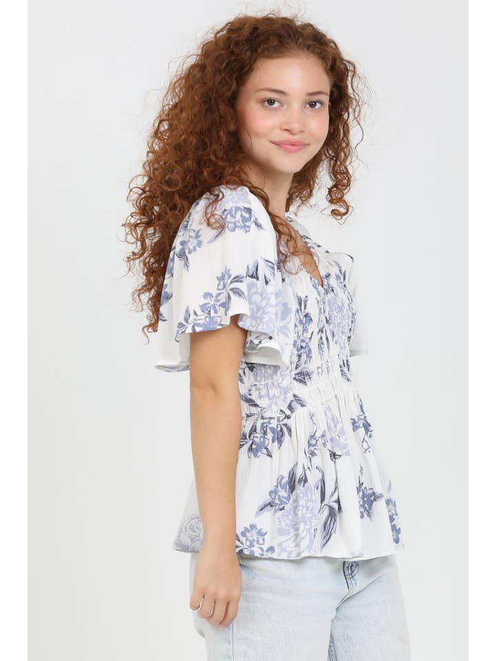 ANGIE - Wholesale Blouse - Women's - C2192-HL60 V NECK SMOCKED BUST HALF SLEEVE FLORAL TOP