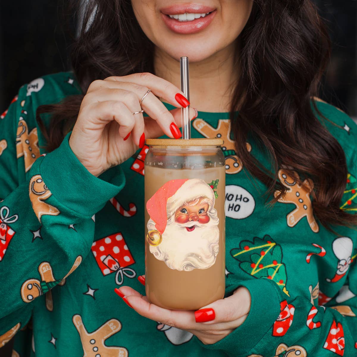 Gia Roma - Wholesale Drinking Glass/Cup - Candy Cane Christmas Can Glass. Cup With Glass Straw & Lid74