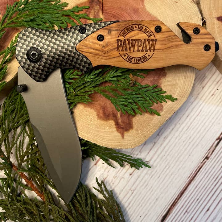 PAWPAW - Man, Myth, Legend Knife for wholesale by Quail Tail Laser Art