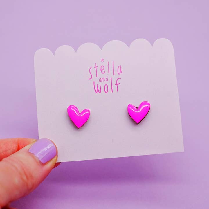 Stella and Wolf - Wholesale Stud/Post Earrings - Neon pink wooden heart studs, wonky heart earrings