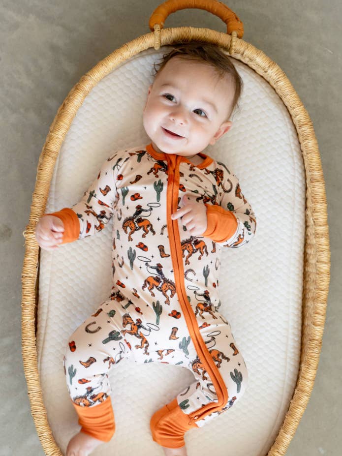 Rodeo Rider Boys Bamboo Pajamas ๐ค ๐๐ต | Convertible Romper for wholesale by Boosh Baby