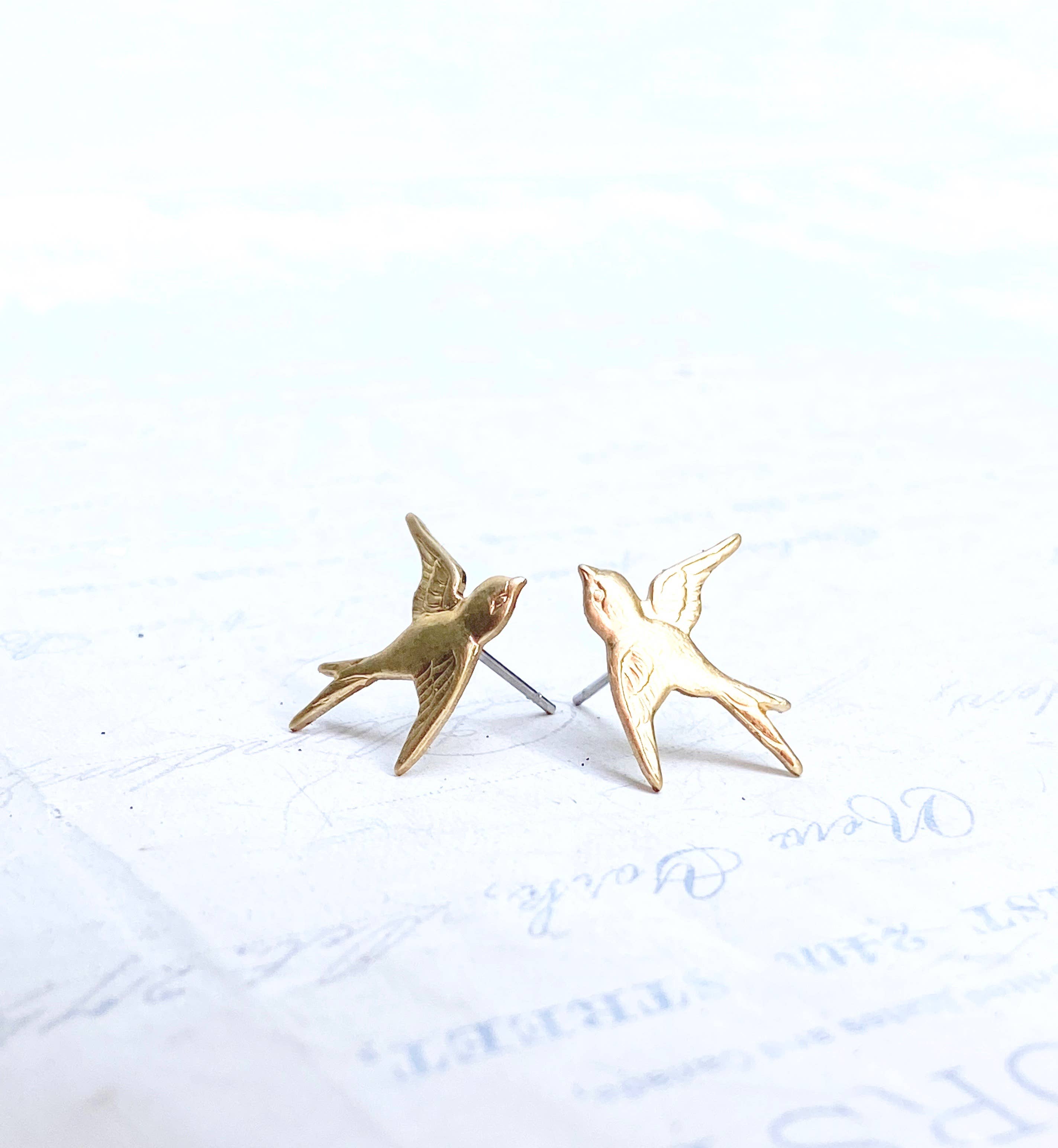 Red Truck Designs - Wholesale Stud/Post Earrings - Gold Bird Stud Earrings Bird Earrings Flying Sparrow7