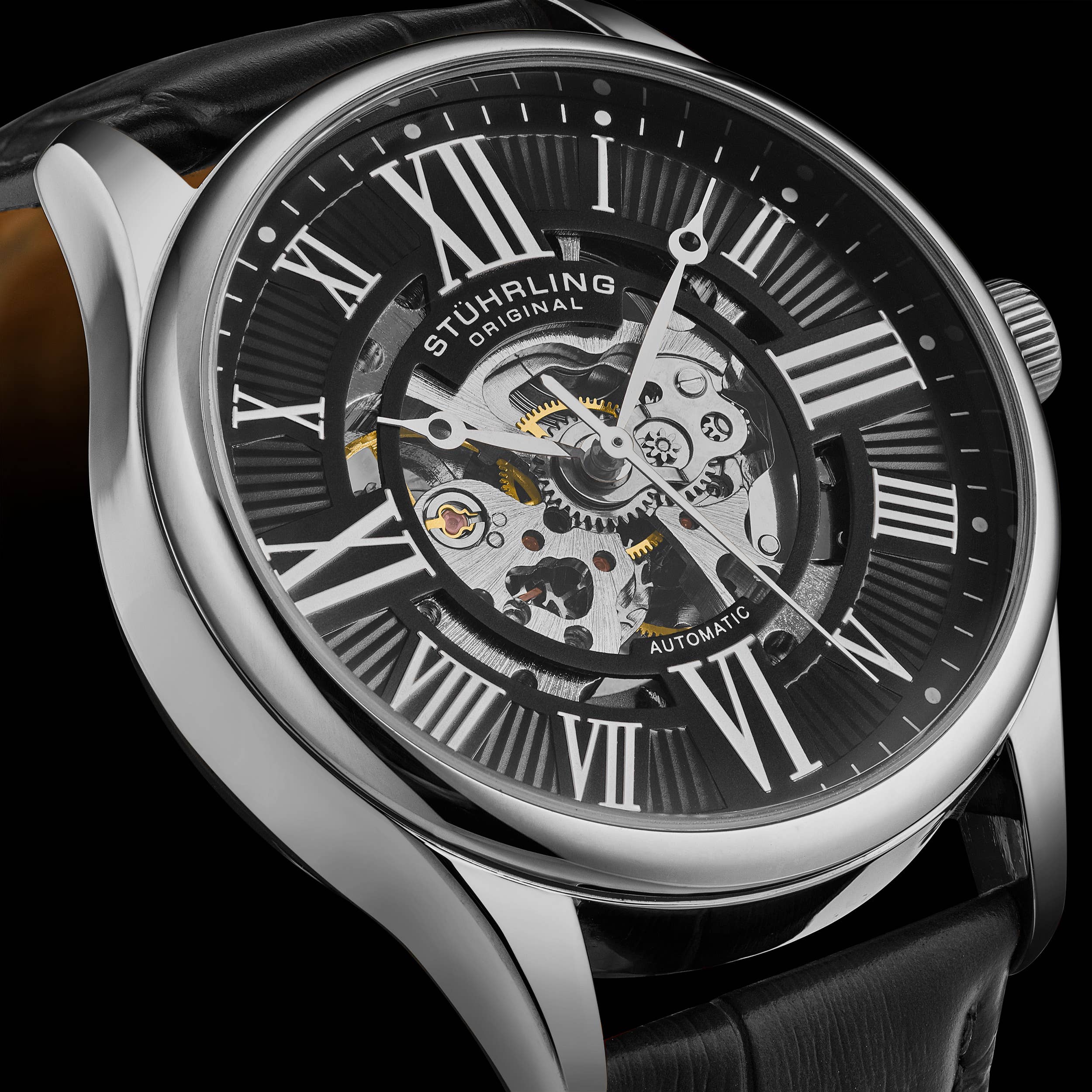 Stuhrling - Wholesale Wrist Watch - Men's - Atrium  Automatic 42mm Skeleton - Black Case and Strap

2