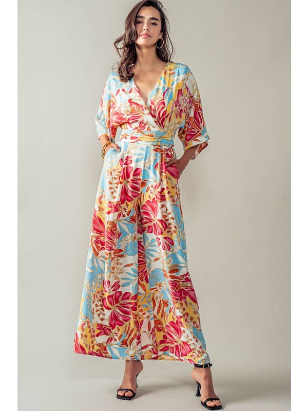 Urban Daizy - Wholesale Jumpsuit - Women's - Tropical Wrap Wide Leg Floral Jumpsuit
