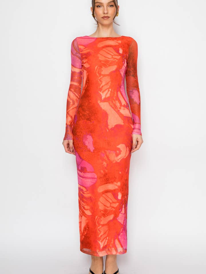 Long Sleeve Printed Open-Back Maxi Dress for wholesale by Nabae Clothing