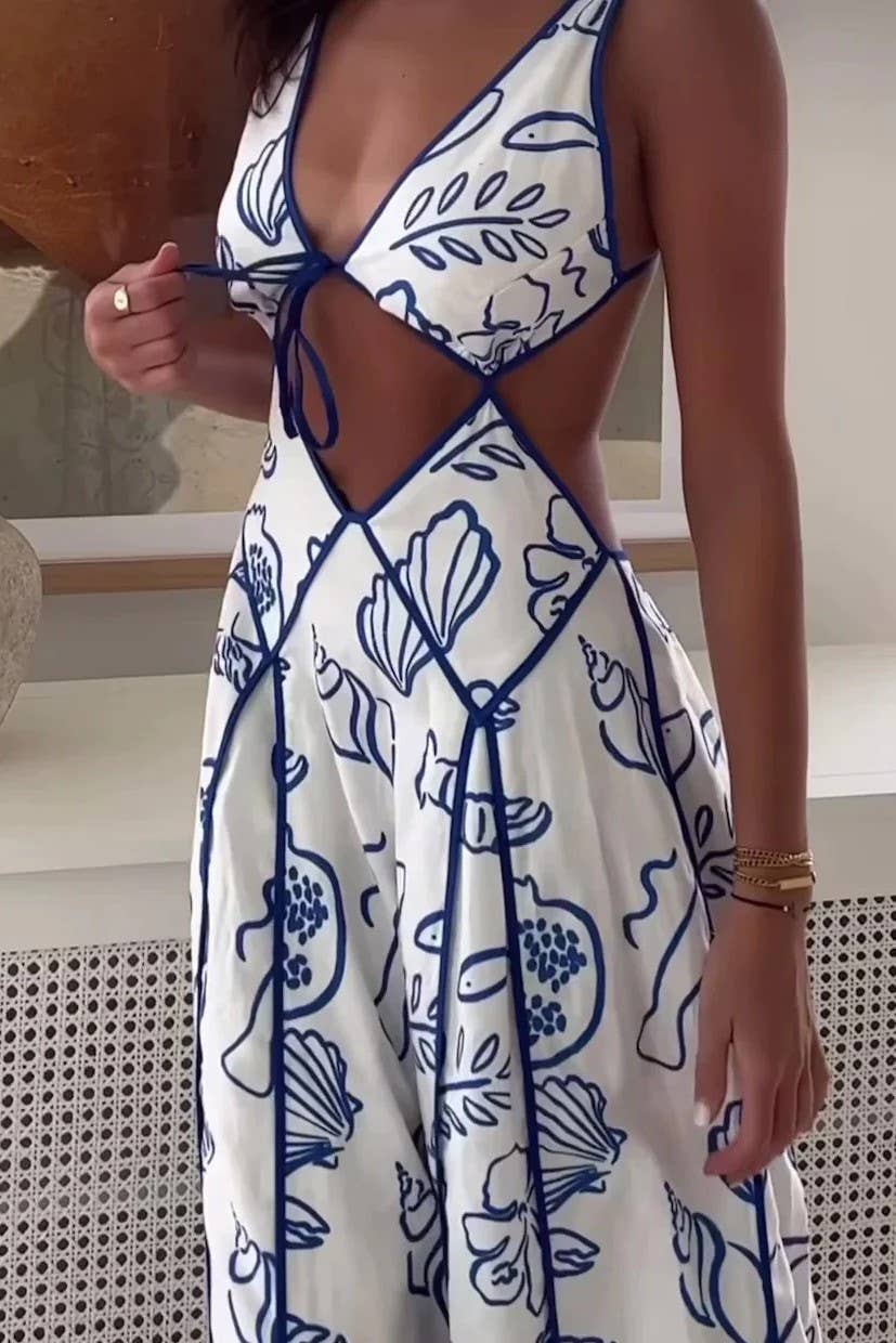 White Marine Organism Pattern Backless Plunge Maxi Dress for wholesale on Faire6